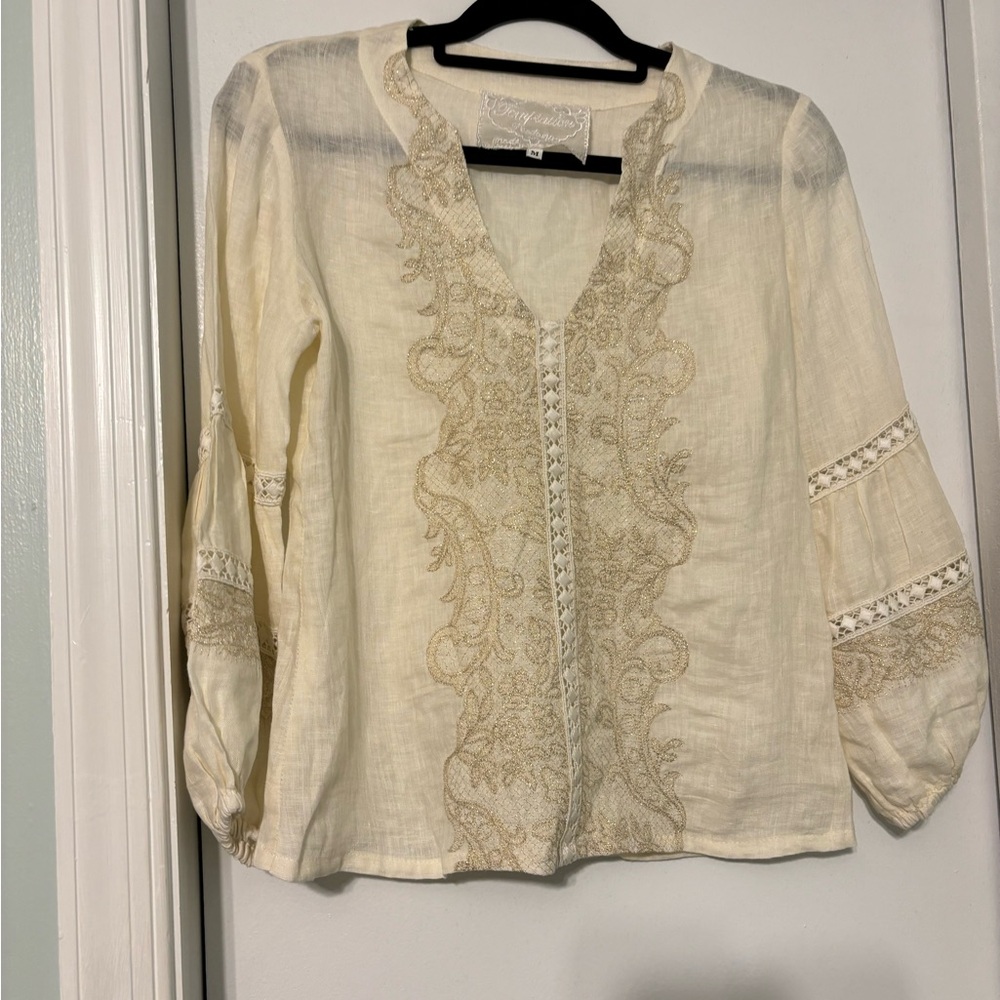 Temptation Positano Embroidered 3/4 sleeve top with gold details